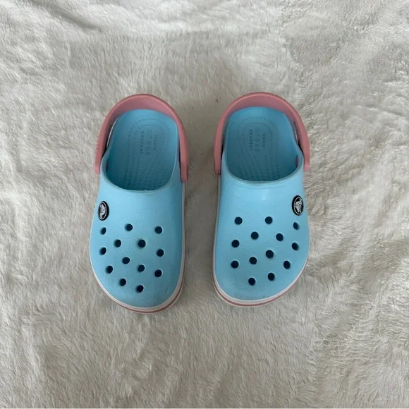 Crocs Kids Crocband Clog Ice Blue with Pink Stripe Slip-On Sandals Size C 11 - Picture 1 of 9